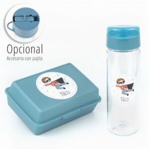 Pack Botella + Cajita Porta Alimentos Superhéroe Azul personalizadas