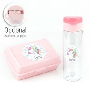 Pack Botella + Cajita Porta Alimentos Unicornio Rosa personalizadas