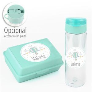 Pack Botella + Cajita Porta Alimentos Globo Menta personalizadas