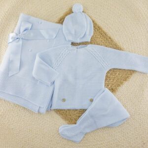 Conjunto 3 Piezas Lana Punto de Arroz Celeste