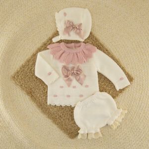 Conjunto Cubrepañal Lana Camelia Rosa Palo