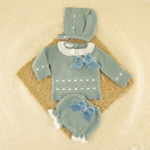 Conjunto Cubrepañal Lana Mimosa Verde Azulado