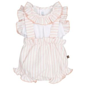 Conjunto bebé rosa empolvado Calamaro con cuello volante rayado y braguita fruncida sobre fondo neutro