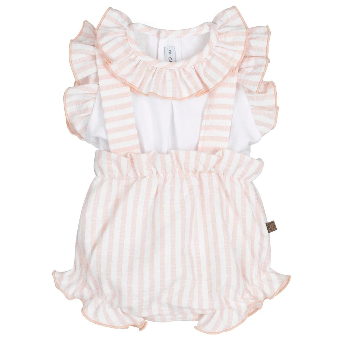 Conjunto bebé rosa empolvado Calamaro con cuello volante rayado y braguita fruncida sobre fondo neutro