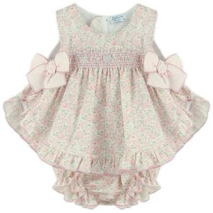 Conjunto bebé floral rosa con pololo y lazos Dulce de Fresa Alma Floral