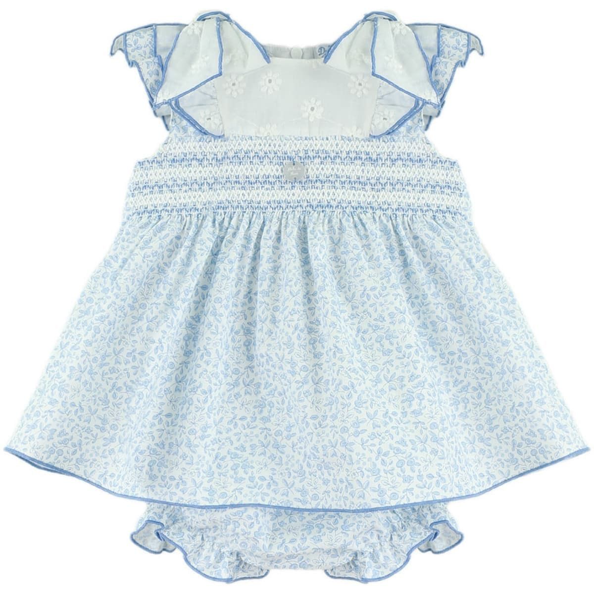 Vestido bebé azul floral Dulce de Fresa con smock artesanal y volantes