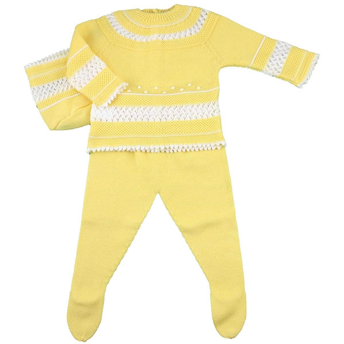 Conjunto bebé amarillo limón Dulce de Fresa en punto calado con polaina y mantita coordinada