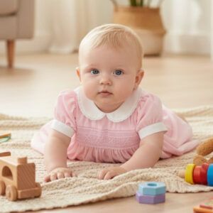 Vestido rosa empolvado bebé Dulce de Fresa con smock bordado y cuello blanco