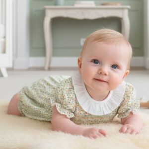 Pelele bebé floral verde con cuello volante Dulce de Fresa Buger