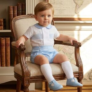 Conjunto bebé niño azul Mallorca Dulce de Fresa con camisa cruda y pantalón corto