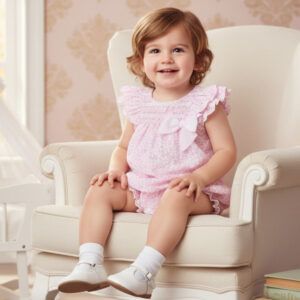 Ranita bebé rosa floral Dulce de Fresa con lazo blanco y smock