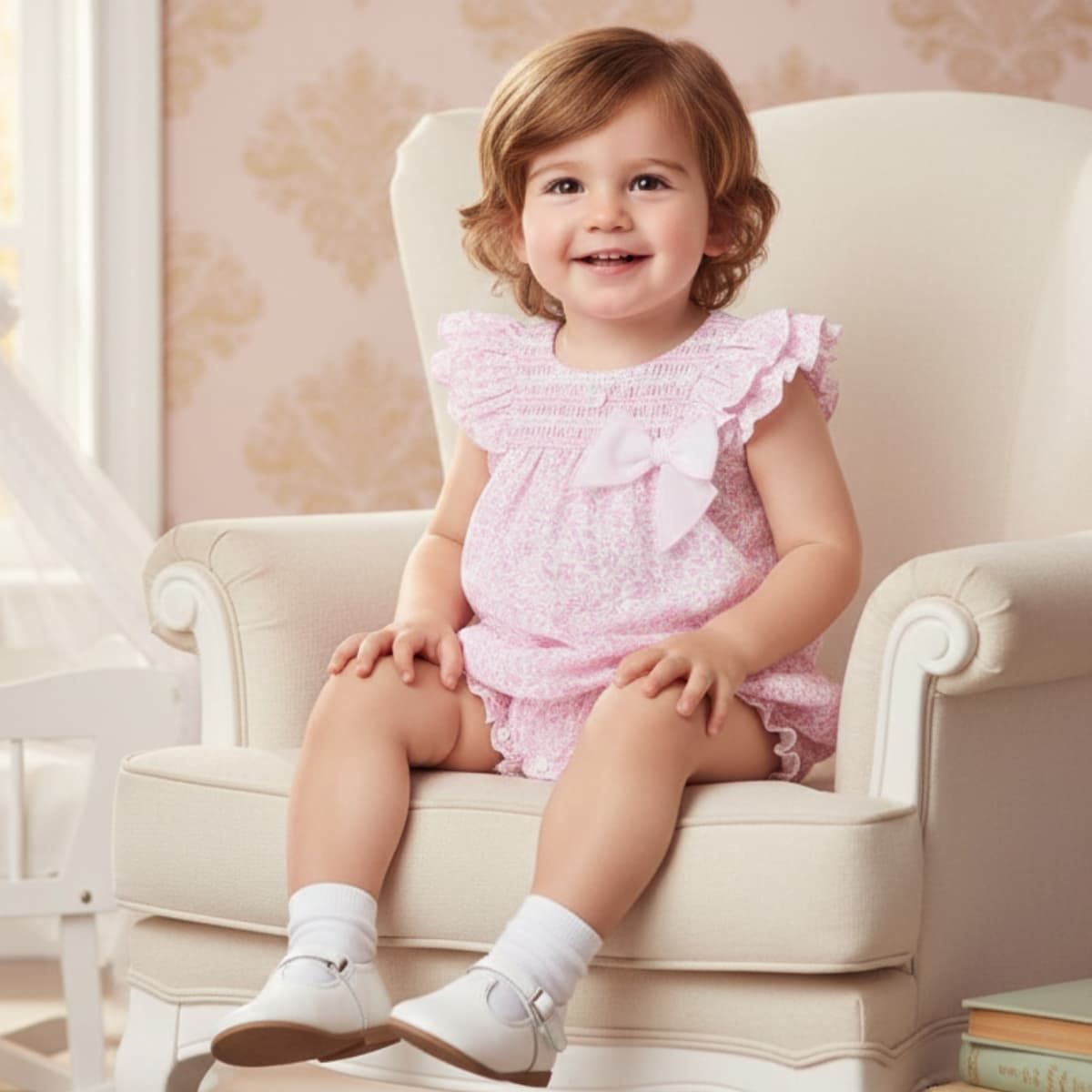 Ranita bebé rosa floral Dulce de Fresa con lazo blanco y smock