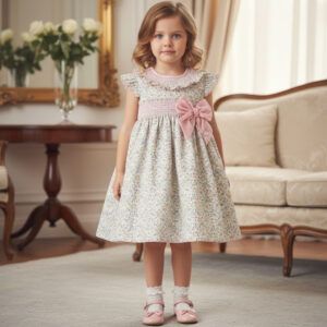 Vestido niña floral Dulce de Fresa con lazo grande lateral rosa