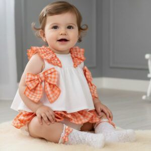 Conjunto bebé vichy naranja Dulce de Fresa con lazos y pololo