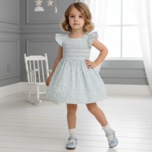 Vestido bebé celeste floral Dulce de Fresa con smock coral