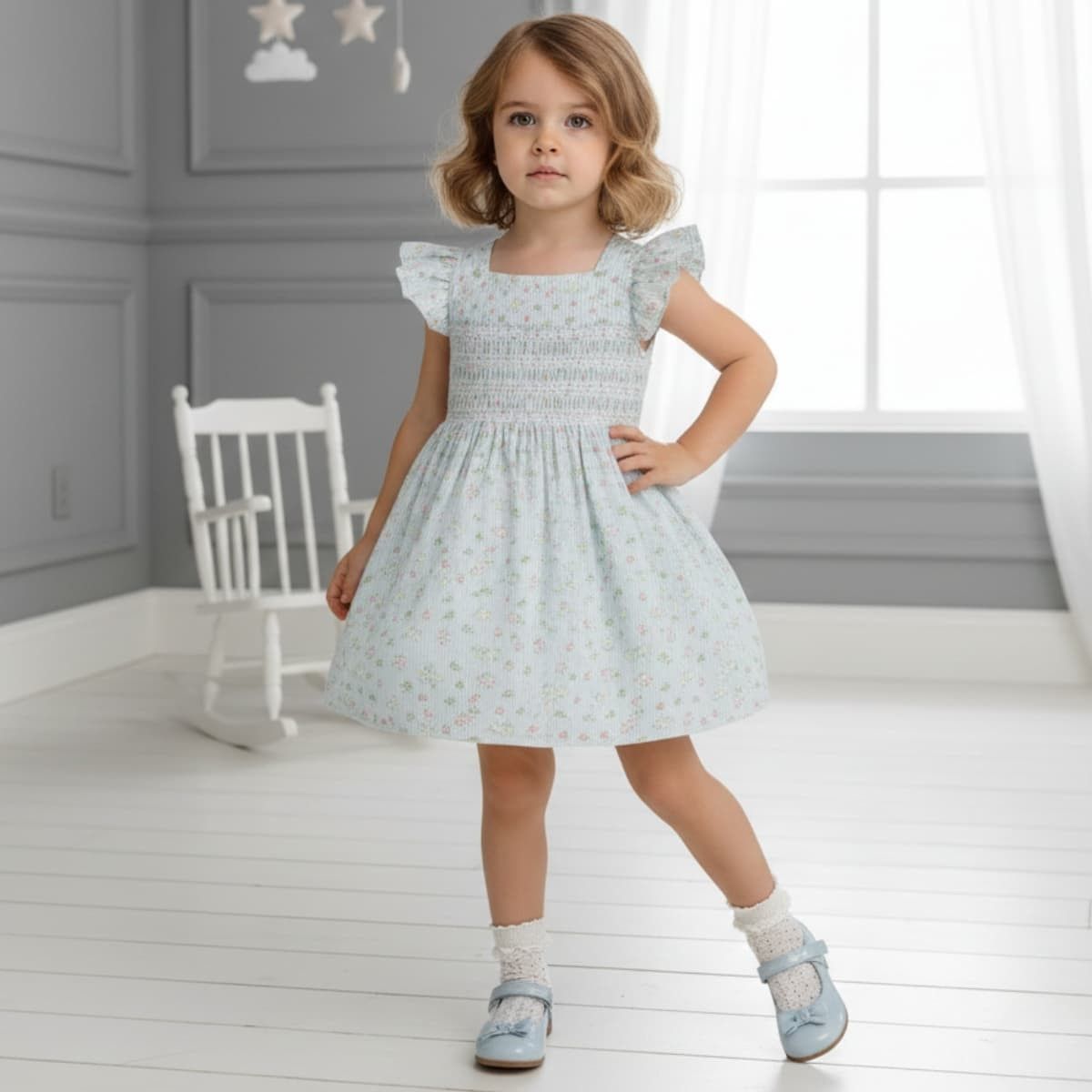 Vestido bebé celeste floral Dulce de Fresa con smock coral