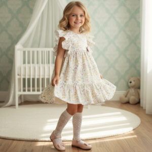 Vestido niña floral marfil Dulce de Fresa con mangas volante y lazo rosa sobre fondo de fibras naturales