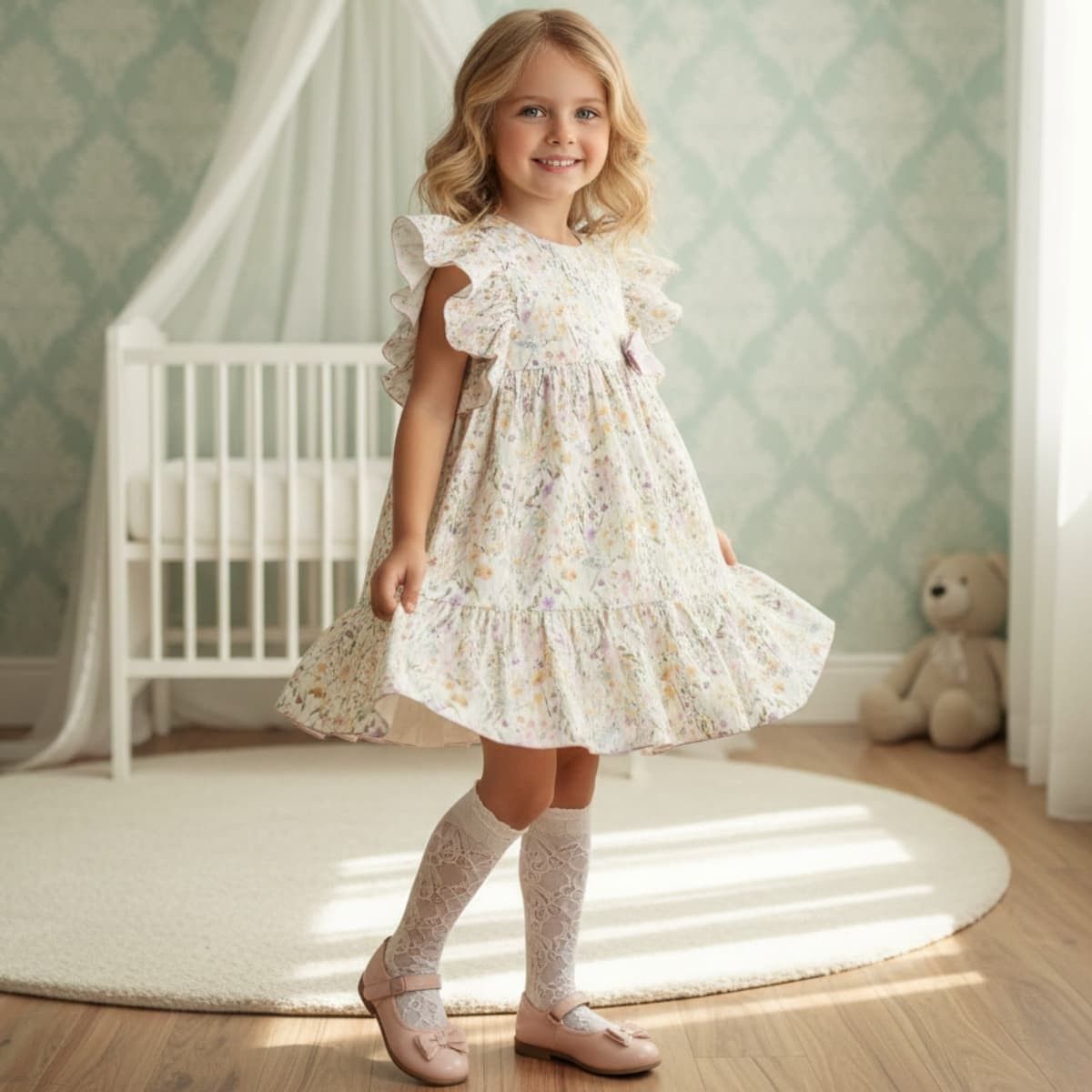 Vestido niña floral marfil Dulce de Fresa con mangas volante y lazo rosa sobre fondo de fibras naturales