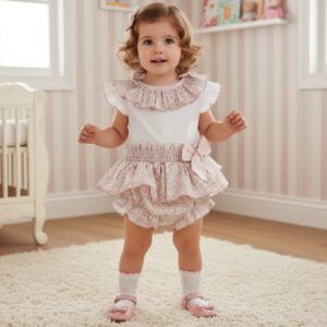 Conjunto niña blusa blanca y pololo floral rosa Dulce de Fresa Alma Floral