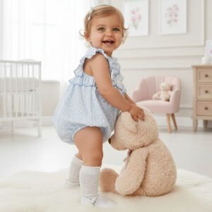 Ranita bebé azul floral Dulce de Fresa con lazos laterales bordados