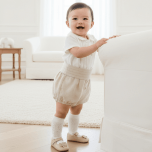 Conjunto bebé beige Dulce de Fresa con camisa blanca y pololo lino sobre fondo natural