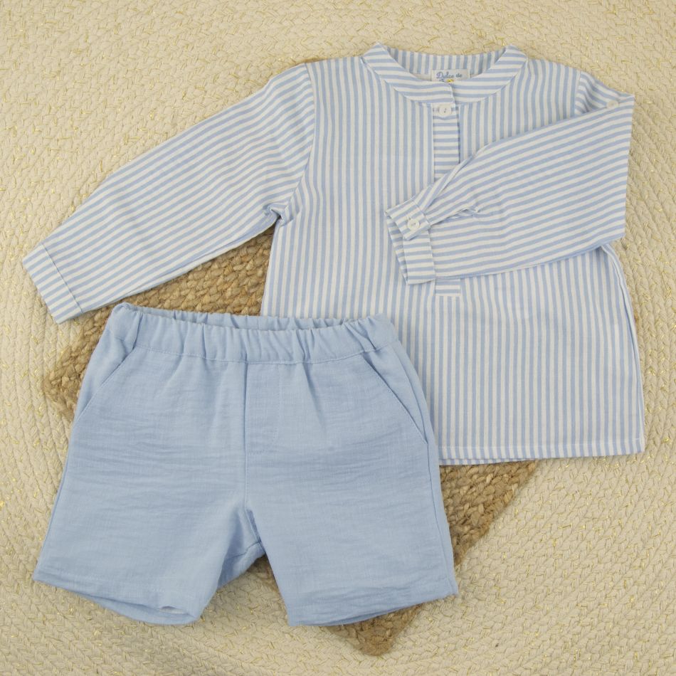 Conjunto celeste lino bebé niño verano - Dulce de Fresa - Imagen 3