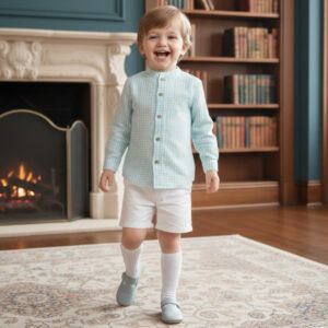 Conjunto niño camisa vichy verde agua y bermuda blanca Dulce de Fresa Almagro