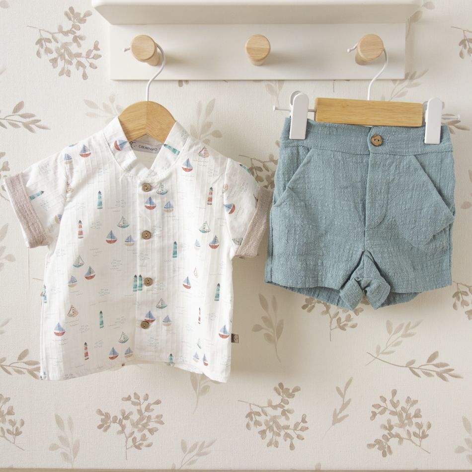 conjunto niño verano marinero calamaro yanam camisa veleros bermuda azul agua