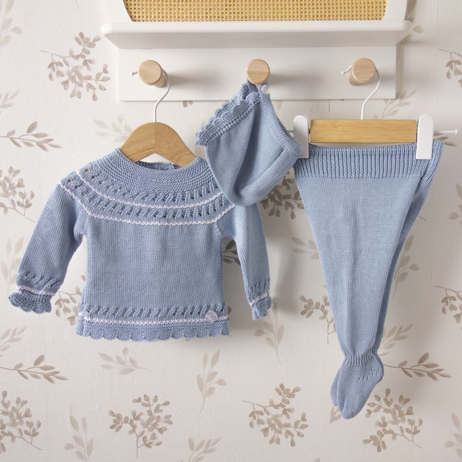 Conjunto bebe azul primera puesta dulce de fresa chaqueta polaina capota
