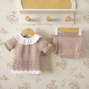 conjunto bebe rosa empolvado punto calado dulce de fresa pololo