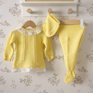 conjunto bebe amarillo dulce de fresa conejitos punto polaina capota