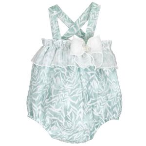 Ranita bebé verde agua estampado tropical Calamaro con tirantes cruzados y lazo blanco