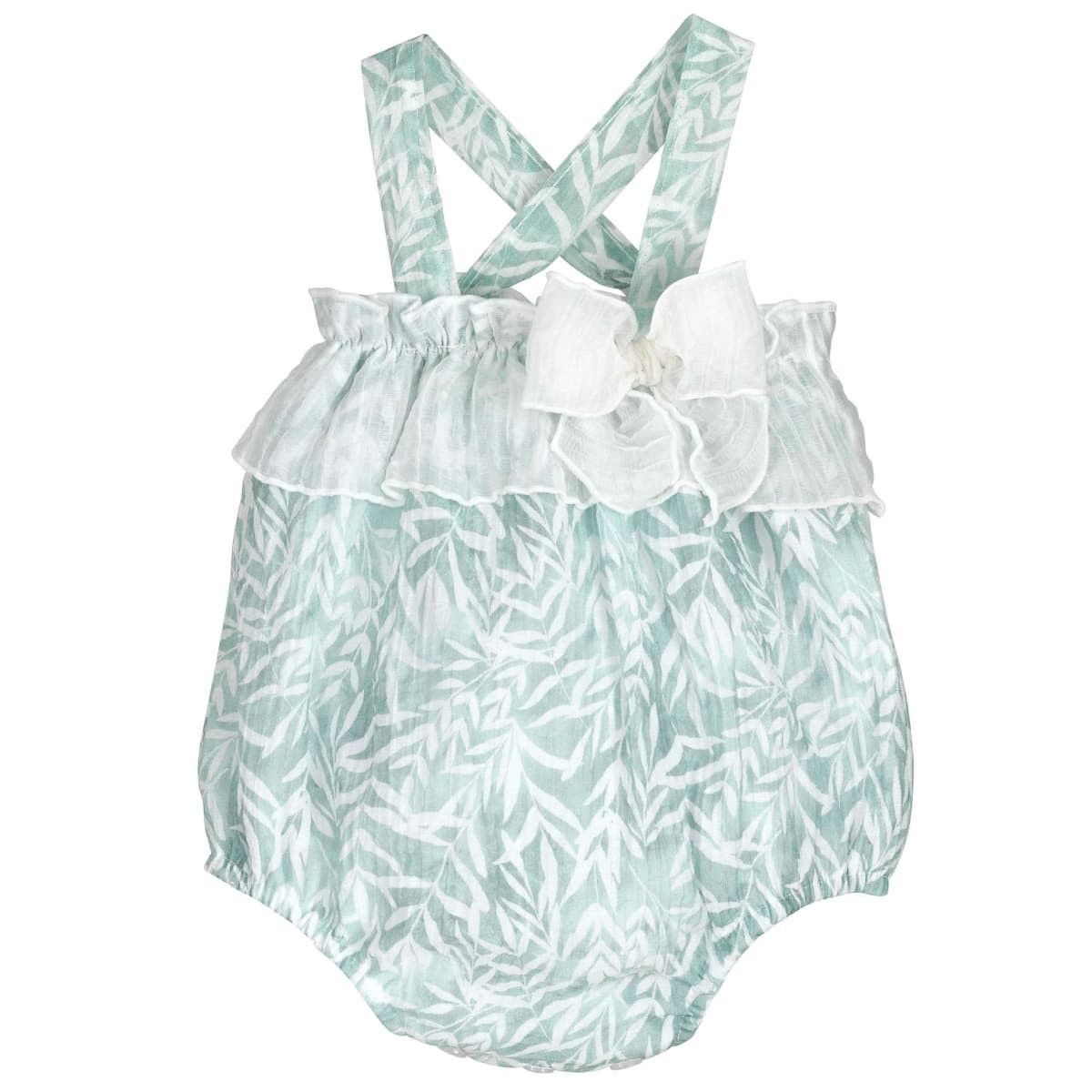 Ranita bebé verde agua estampado tropical Calamaro con tirantes cruzados y lazo blanco