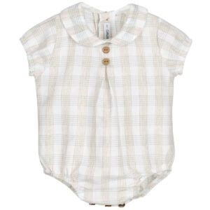 Ranita bebé cuadros beige Calamaro con cuello bebé y botones de madera