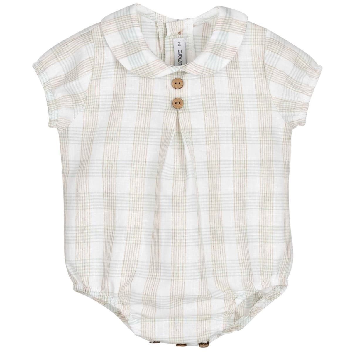 Ranita bebé cuadros beige Calamaro con cuello bebé y botones de madera