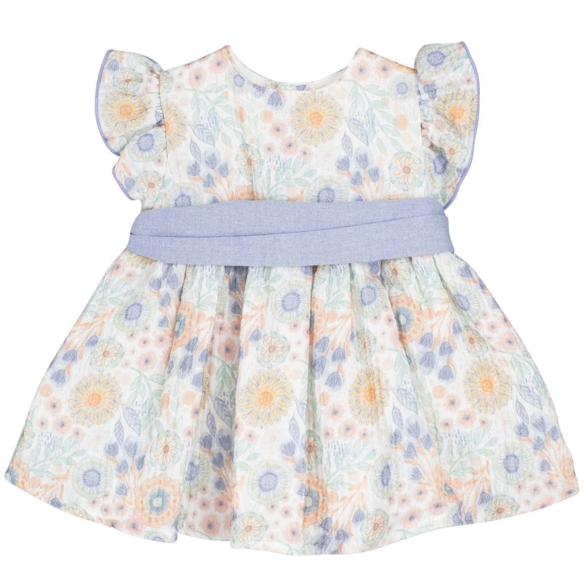 vestido bebé flores pastel calamaro shimla algodón con cinturón azul