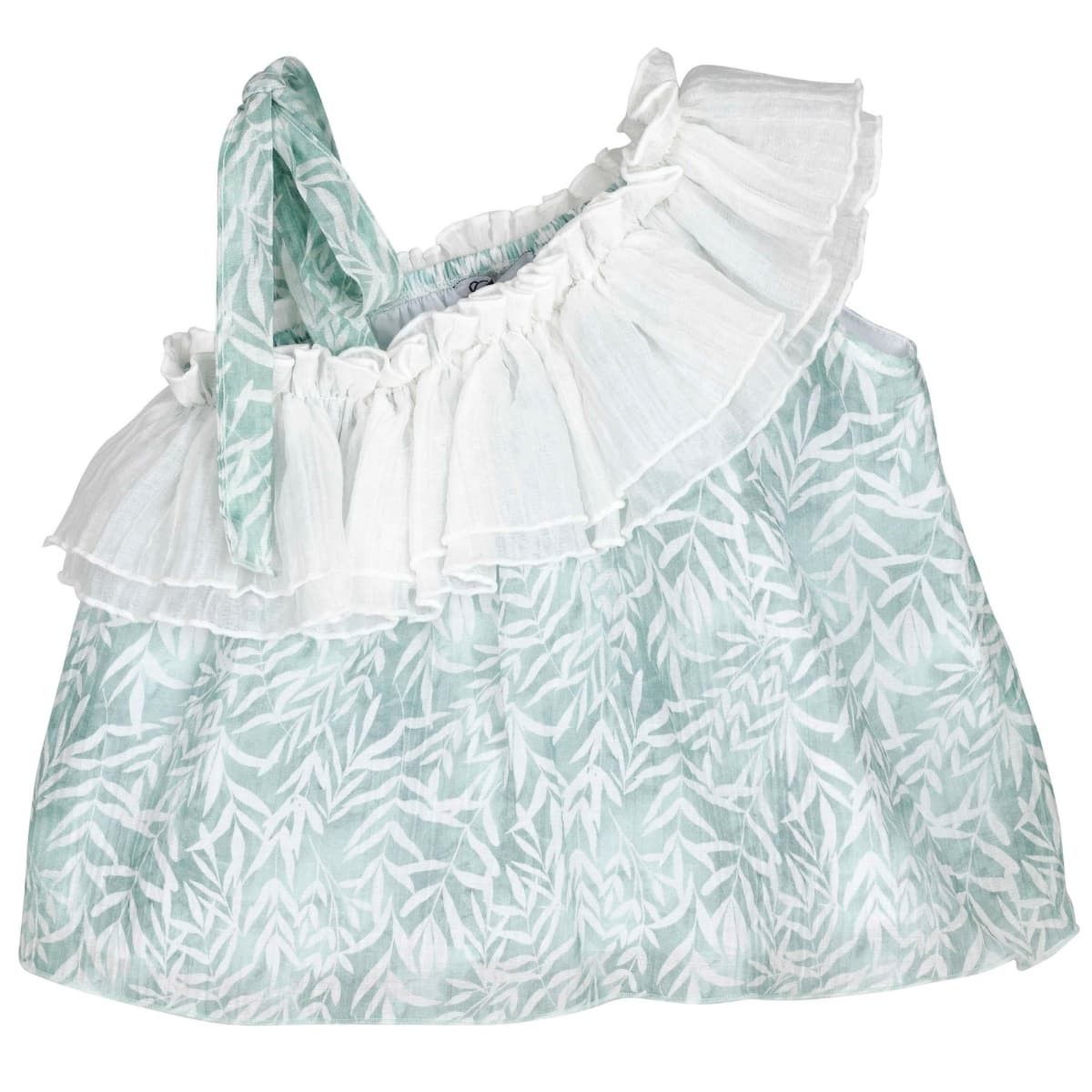 Jesusito verde agua estampado hojas con volante blanco Calamaro Varanasi