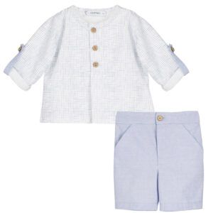 conjunto niño calamaro shimla camisa blanca plumeti y bermuda azul verano