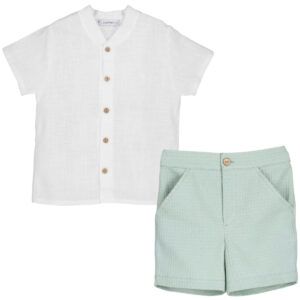 onjunto niño verde agua Calamaro camisa blanca y pantalon corto