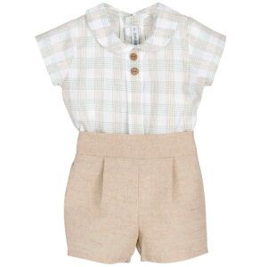 Conjunto bebé cuadros beige Calamaro con camisa cuello bebé y pantalón corto natural