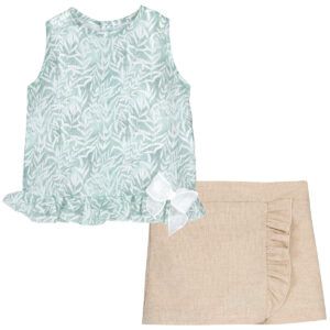 Conjunto niña verde agua Calamaro con blusa estampado hojas y falda arena con volante