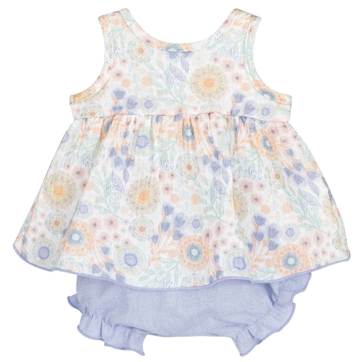 Conjunto bebé flores pastel blusa y pololo azul Calamaro Shimla