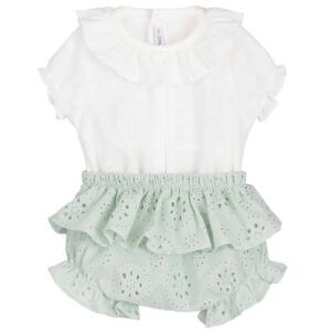 Conjunto bebe verde agua bordado ingles Calamaro con blusa blanca