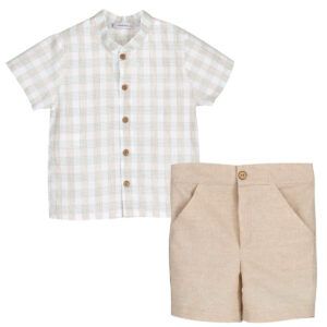 Conjunto niño beige cuadros camisa manga corta y pantalón arena Calamaro Varanasi