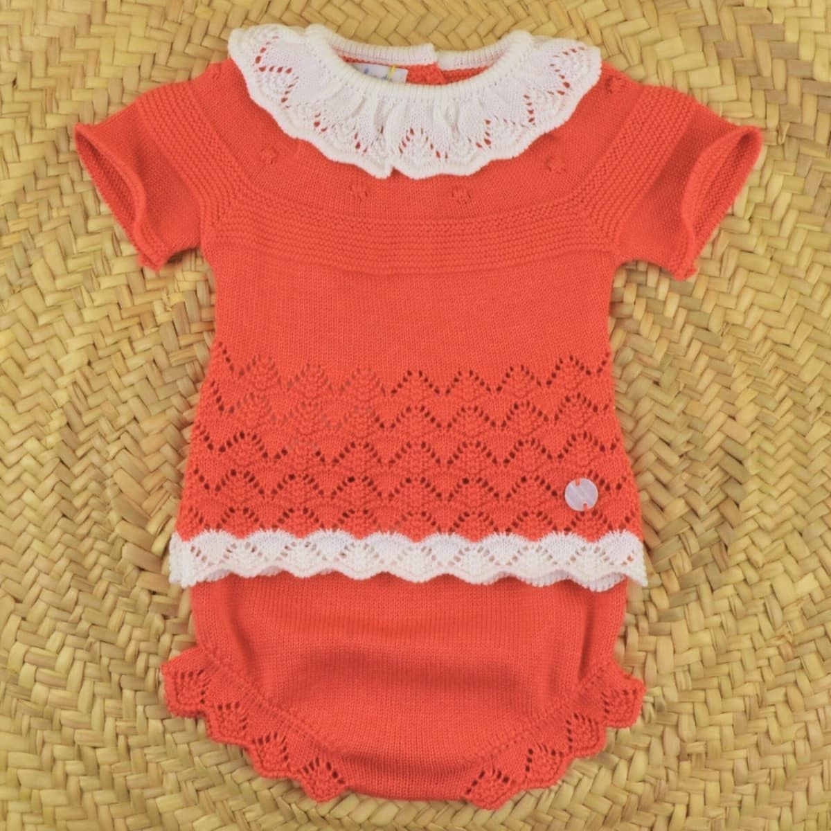 conjunto bebe coral punto calado dulce de fresa pololo cuello volante
