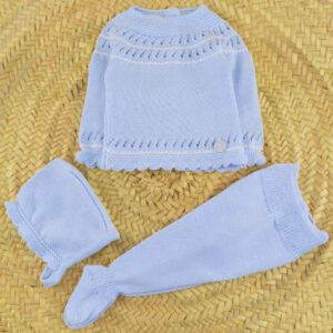 conjunto bebe azul punto dulce de fresa chaqueta polaina capota