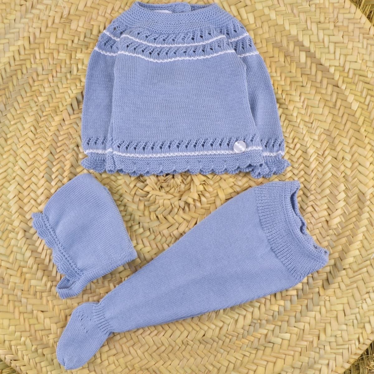 conjunto bebe azul primera puesta dulce de fresa chaqueta polaina capota