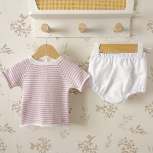 Conjunto bebe rayas rosa dulce de fresa camiseta punto pololo plumeti algodón