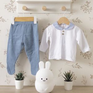 conjunto bebe polaina azul calamaro sikar camiseta blanca cuello estampado