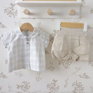 conjunto bebe niño cuadros beige calamaro varanasi camisa y short lino algodón